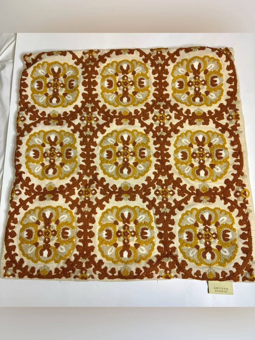 Embroidered Cream, Mustard & Brown Accent Pillow Covers lot of 2